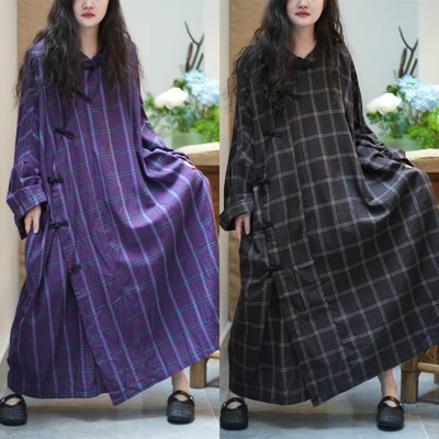 复古文艺盘扣大版格子连衣裙女2025秋季新款胖妹妹遮肉长袖长裙