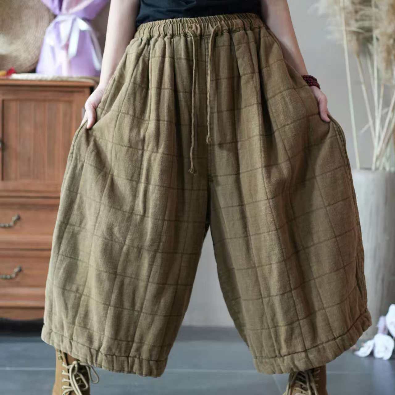 大码女裤棉布格子压线阔腿裤垂感宽松休闲条绒女裤松紧腰显瘦百搭