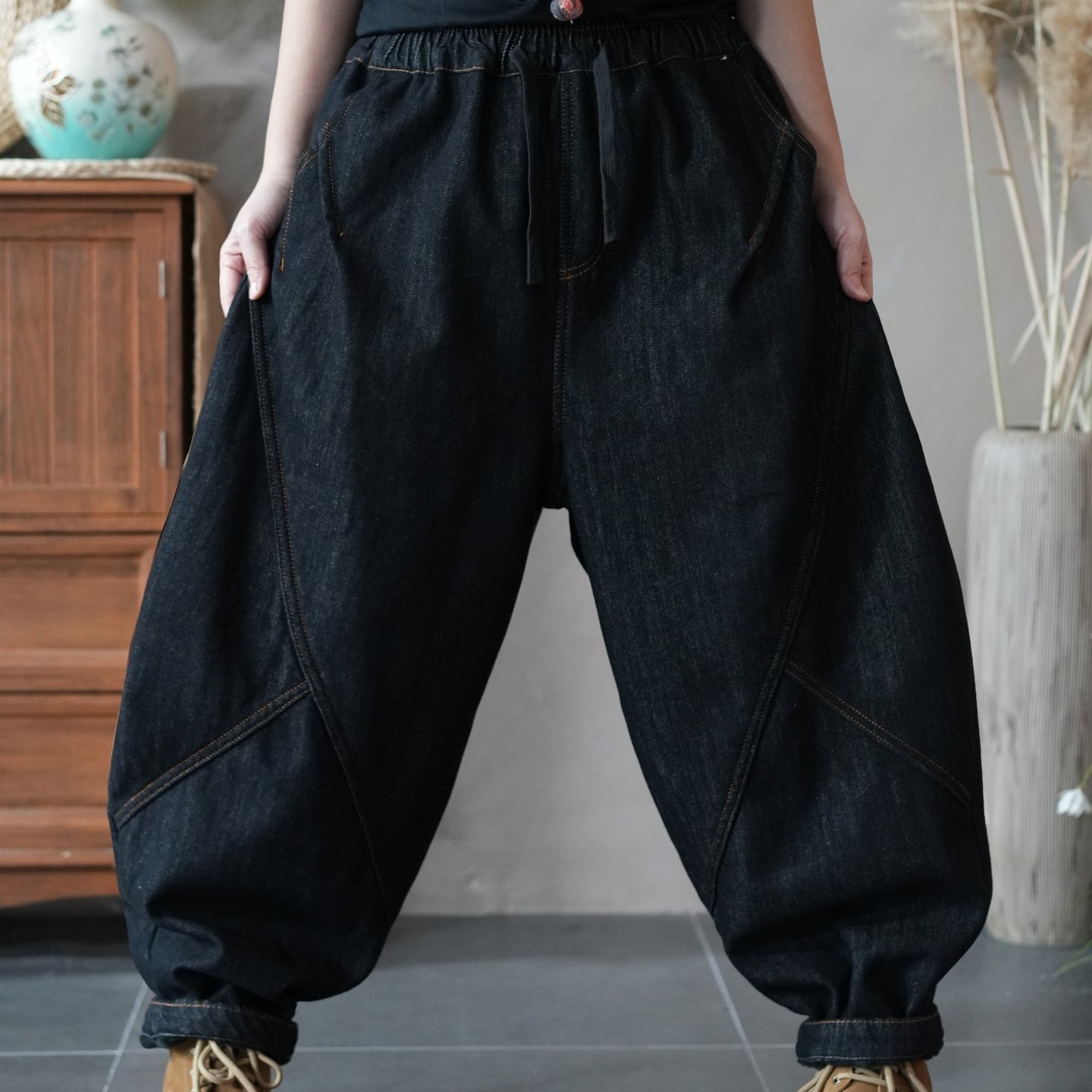 复古深蓝色宽松阔腿牛仔裤女松紧腰哈伦弯刀裤大码