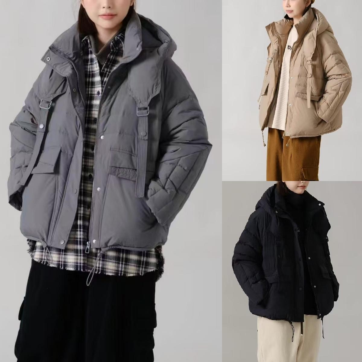 正品2024年冬季新款保暖羽绒服女短款连帽90白鸭绒口袋外套面包服