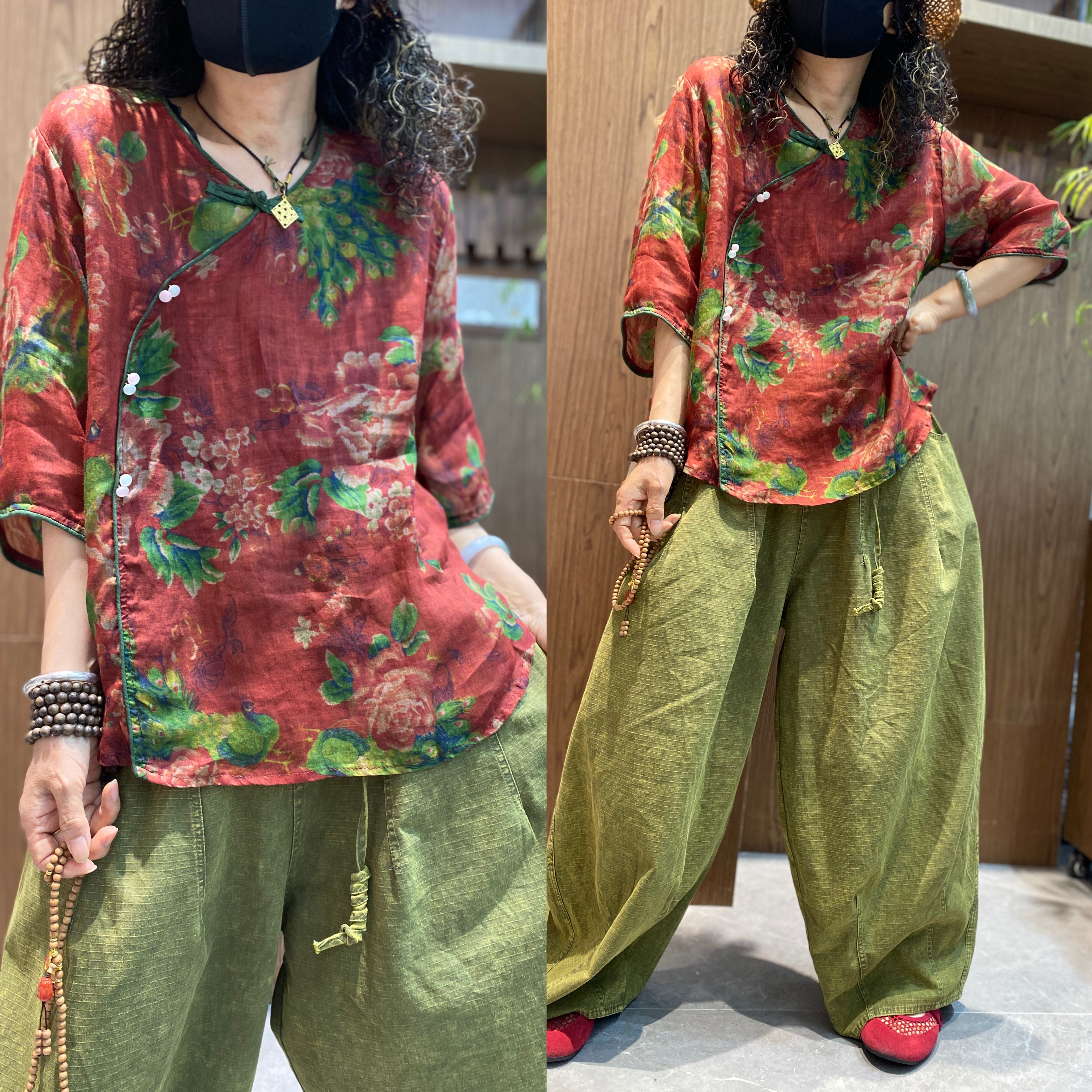 复古斜门襟印花苎麻衬衫女七分袖圆领红色减龄大码高品质上衣