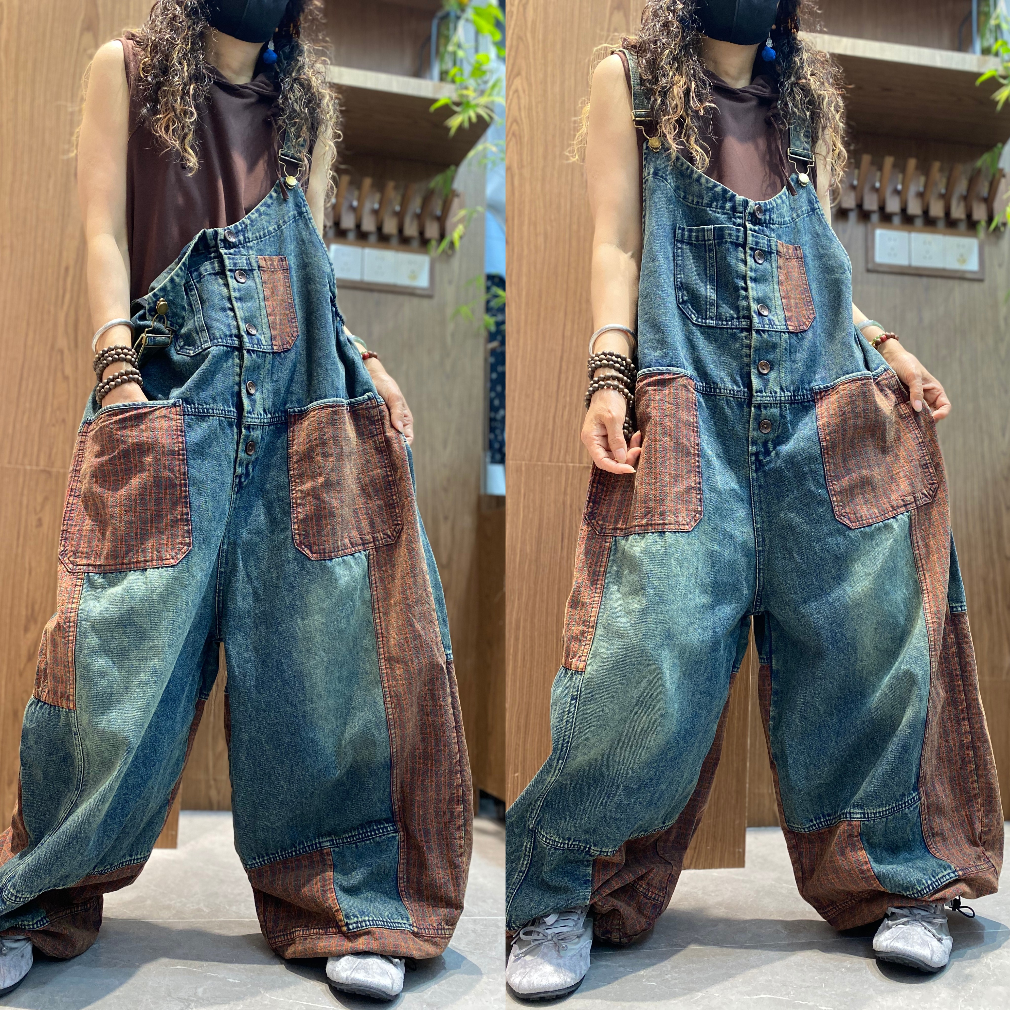 慵懒拼接条纹牛仔背带裤女宽松减龄大口袋做旧拼接阔腿裤遮肉