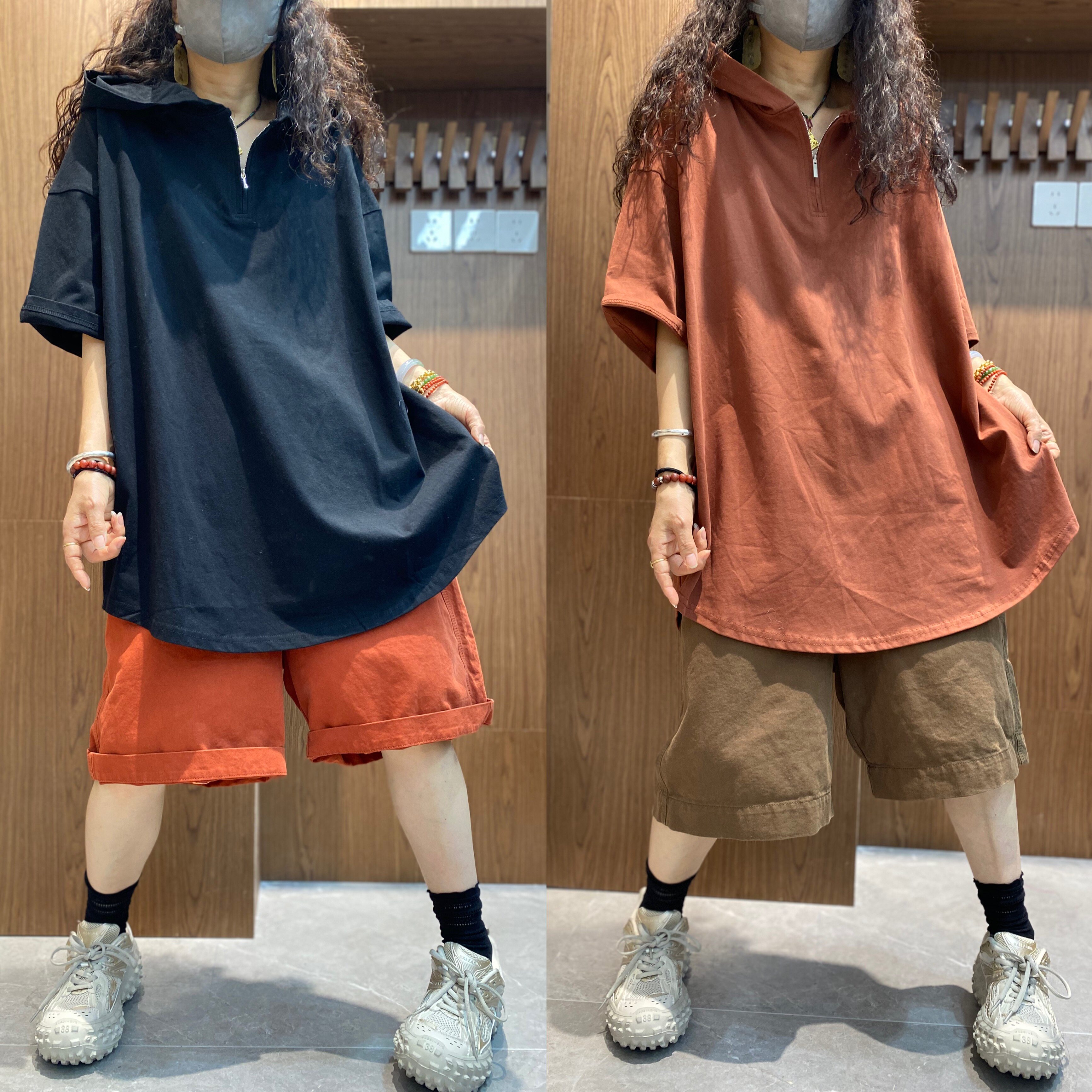 拉链设计连帽短袖T女早春欧货大版休闲时尚百搭下摆圆弧上衣潮