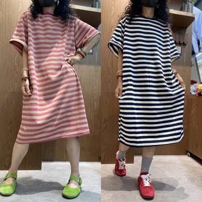 条纹简约慵懒风长款T恤裙女2025夏季新款短袖圆领遮肉休闲连衣裙