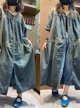 复古文艺拼接开衫牛仔连衣裙女中长款宽松圆领排扣做旧大码牛仔裙