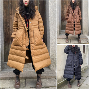 调价清仓价 宽松连帽长款羽绒服女中长款大码显瘦气质收腰白鸭绒