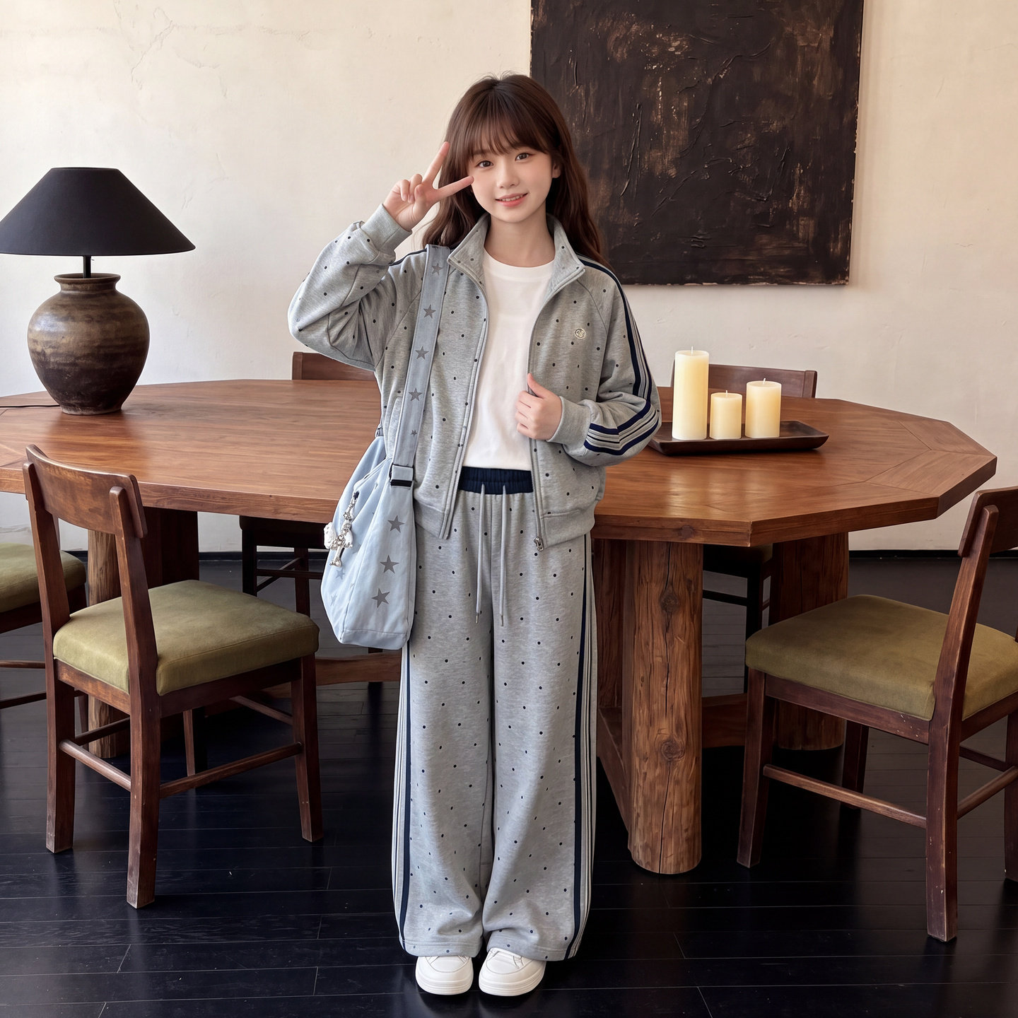 春秋女童学院风波点运动休闲套装