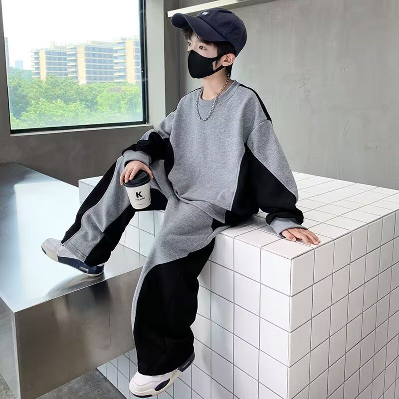 撞色拼接运动套装男童春秋休闲卫衣两件套设计感街头风儿童加绒款,童装/婴儿装/亲子装,儿童运动套装,淘宝优惠券,粉丝福利购,淘宝优惠卷