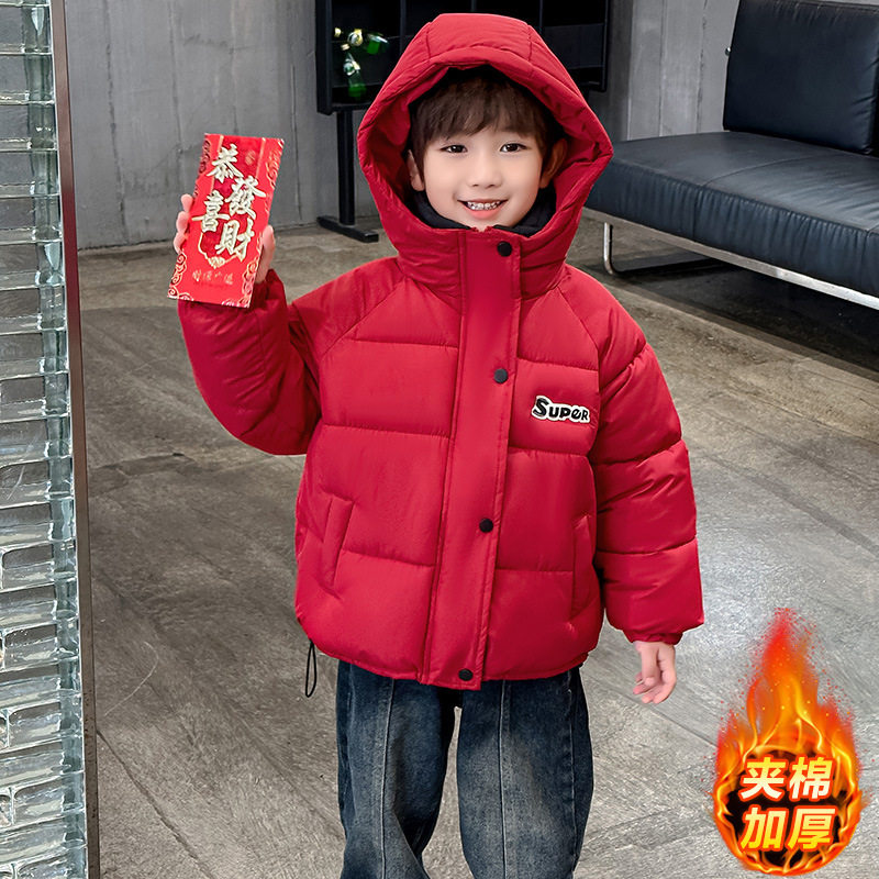 男童连帽棉服秋冬季新款加厚儿童装冬装红色过年衣服外套防风防水
