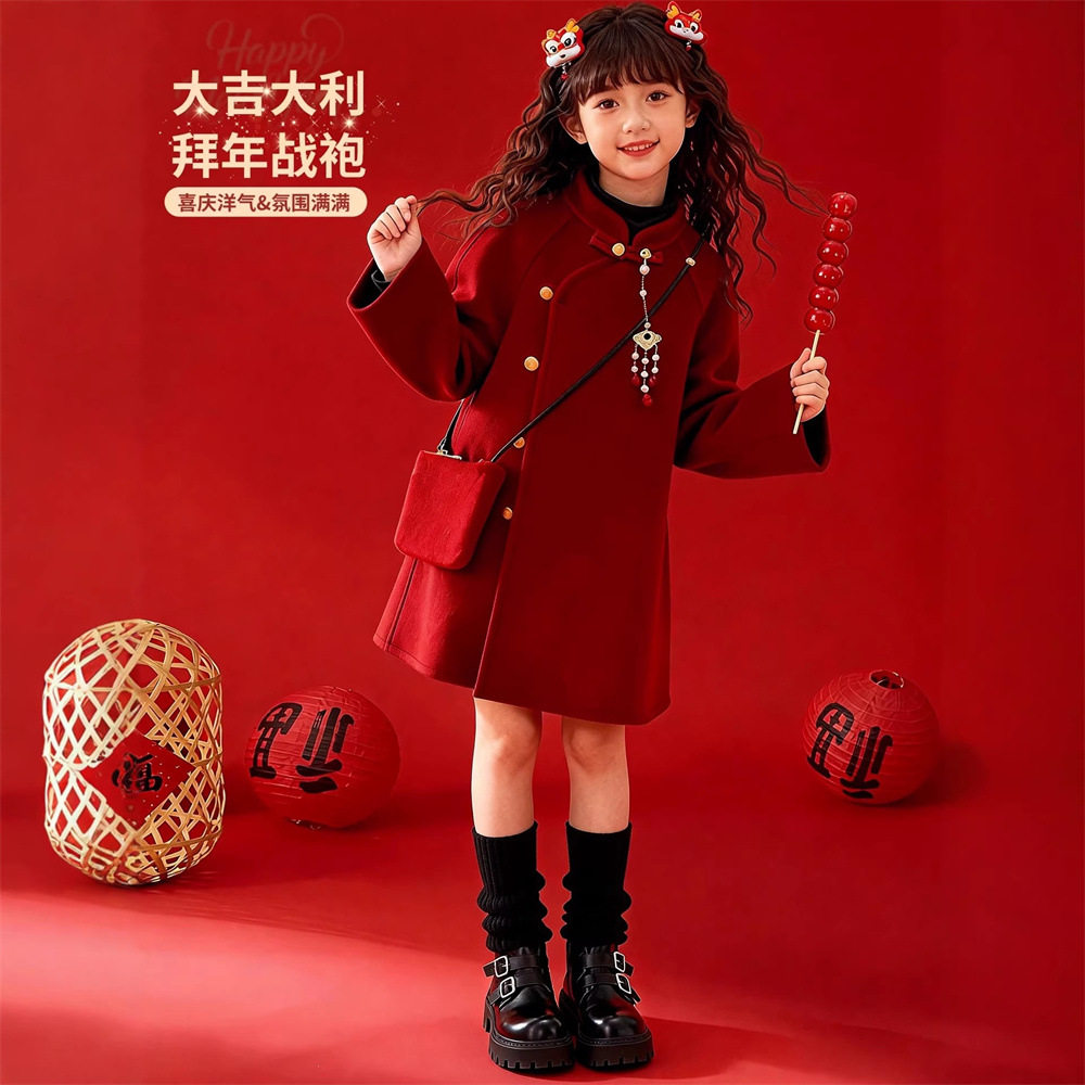拜年服秋冬新年女童红色毛呢外套儿童立领流苏中国风呢子大衣童装