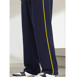 细黄条中学生校裤秋季直筒运动长裤子加春装藏青色男女童细白条红