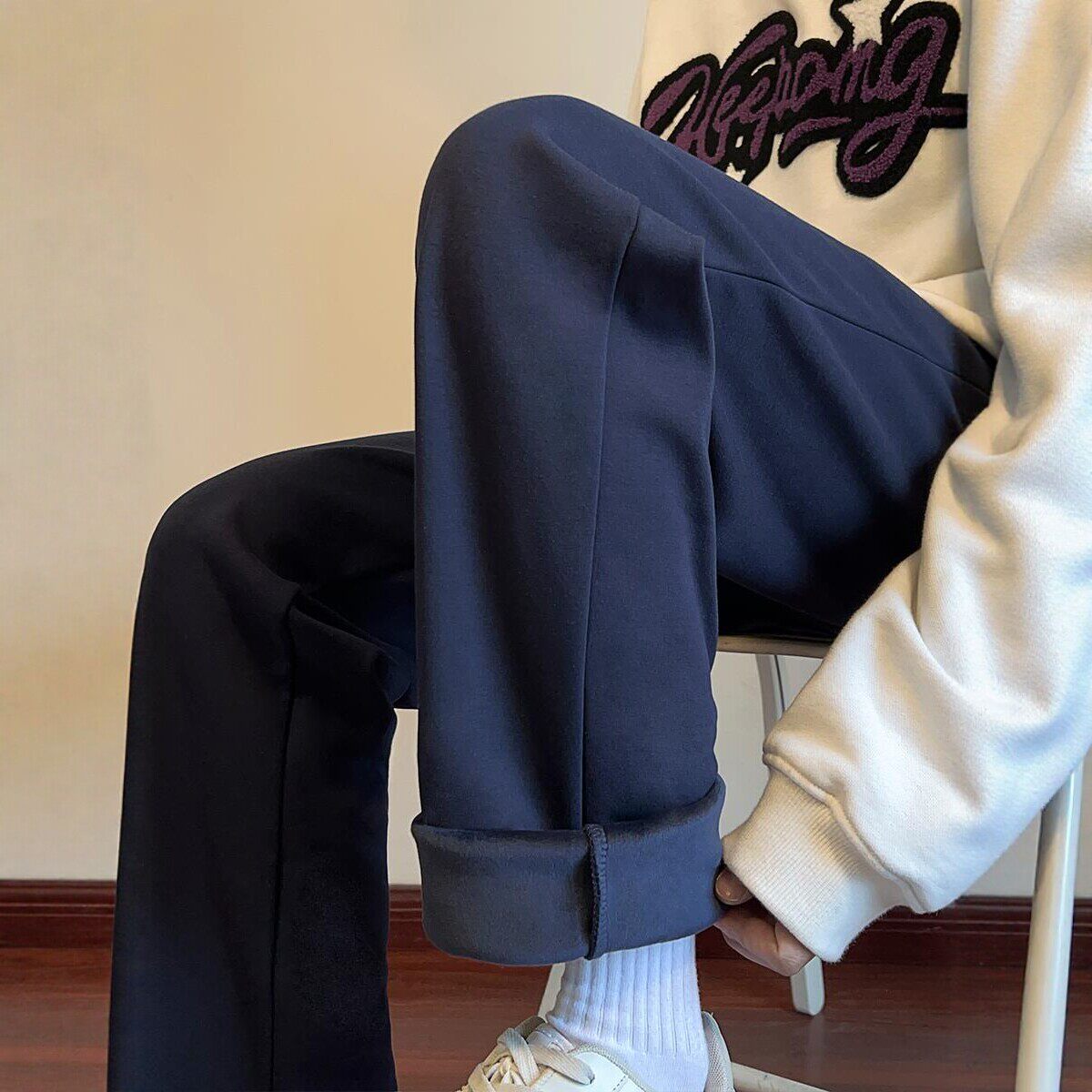 春秋加绒加厚藏青校服裤