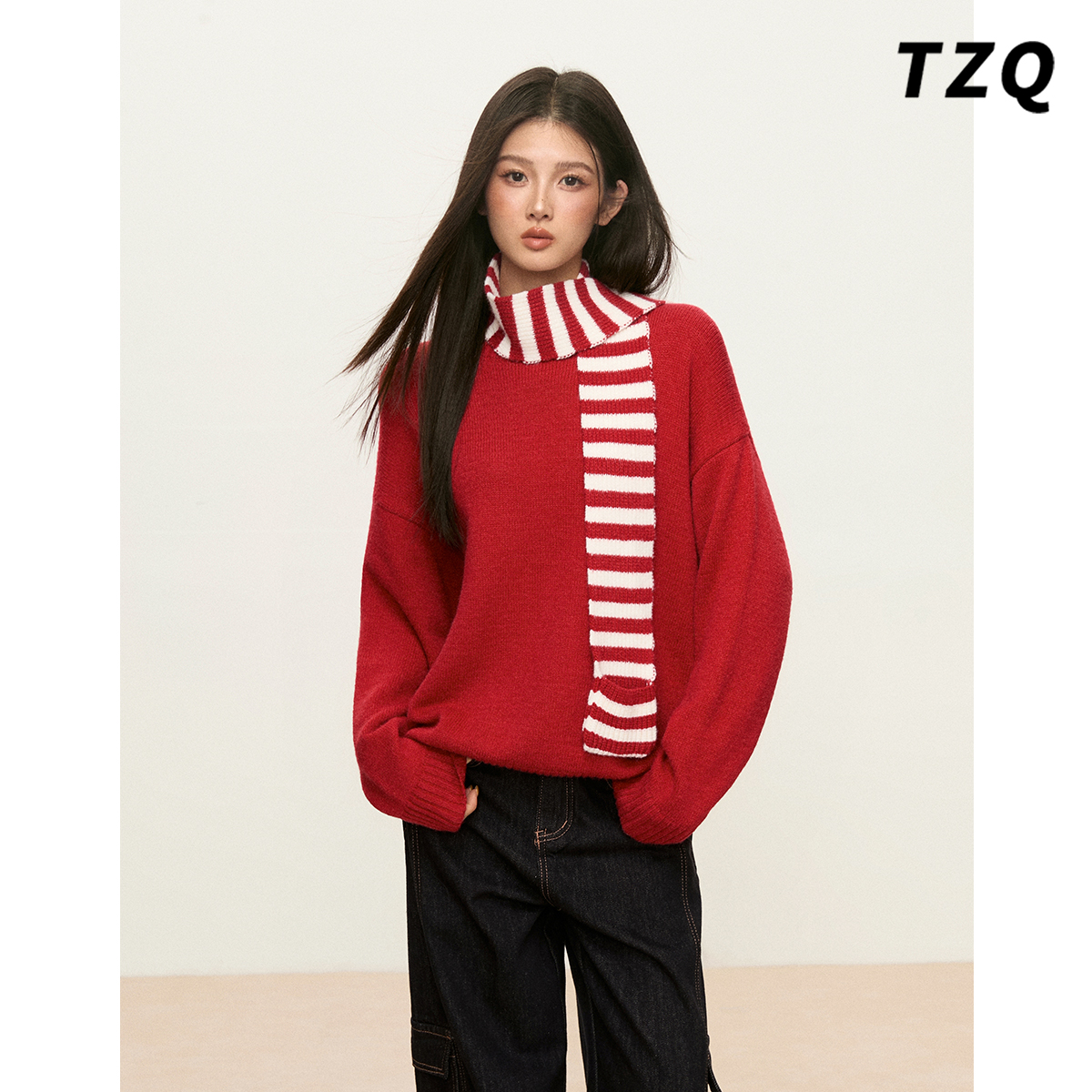 学院风红色圆领毛衣宽松显瘦