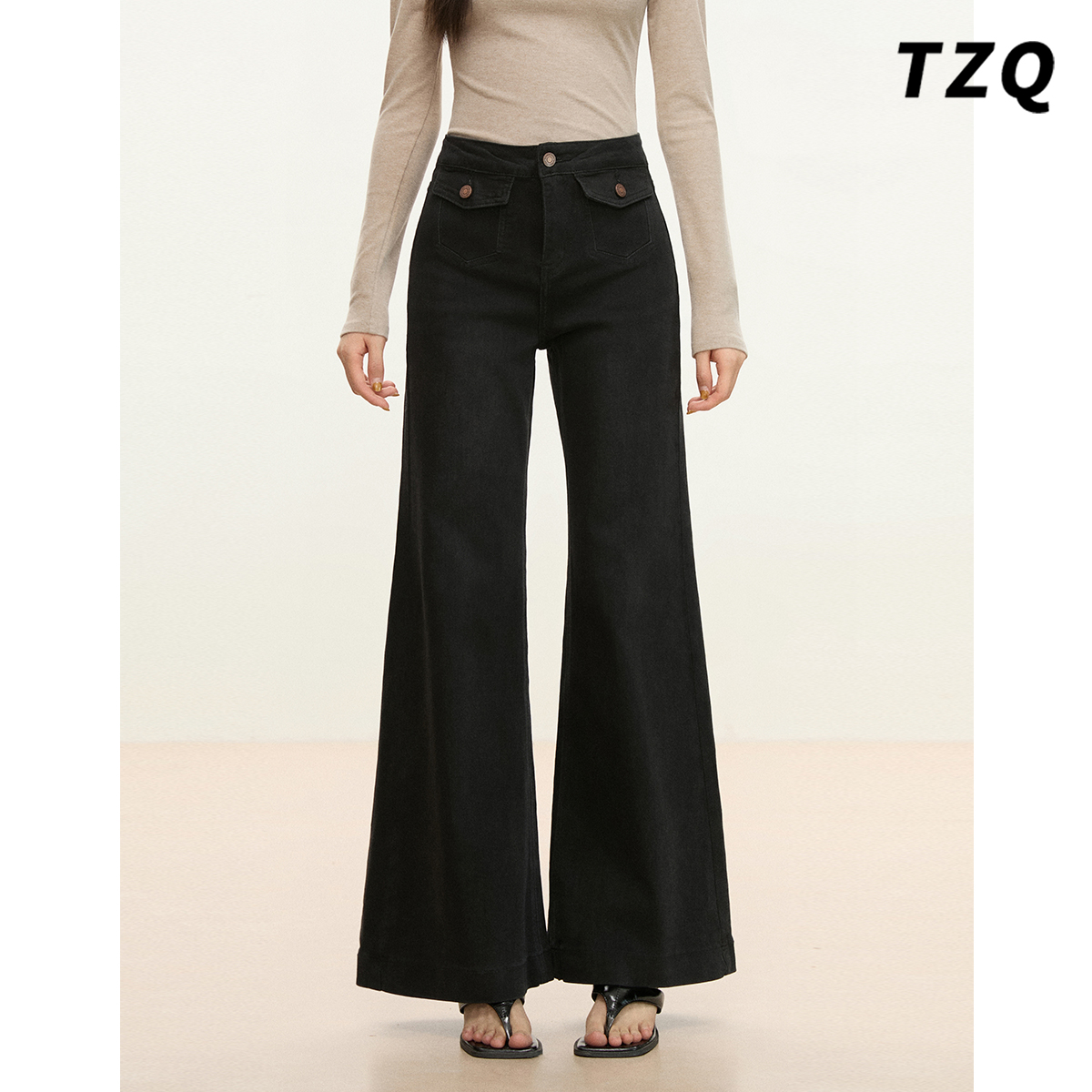 黑色百搭加绒高腰不贴腿喇叭裤女