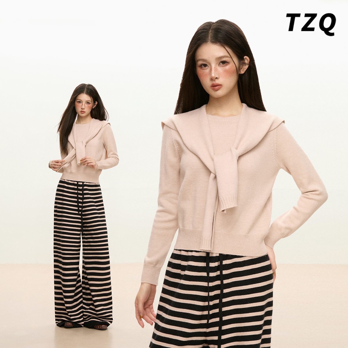 杏色披肩系带内搭毛衣针织衫上衣