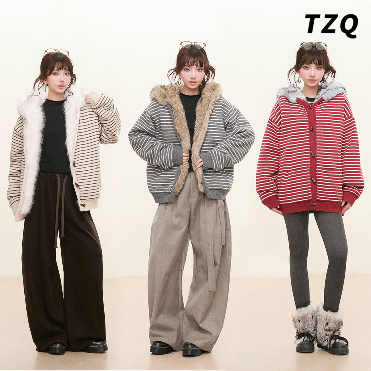 冬季甜美连帽条纹针织开衫女