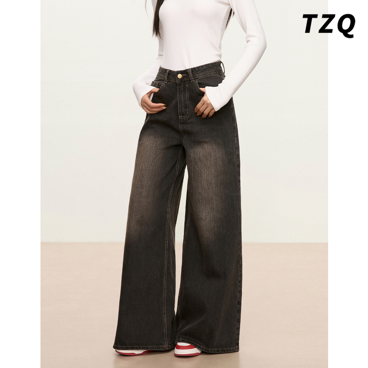 美式复古高腰阔腿牛仔裤