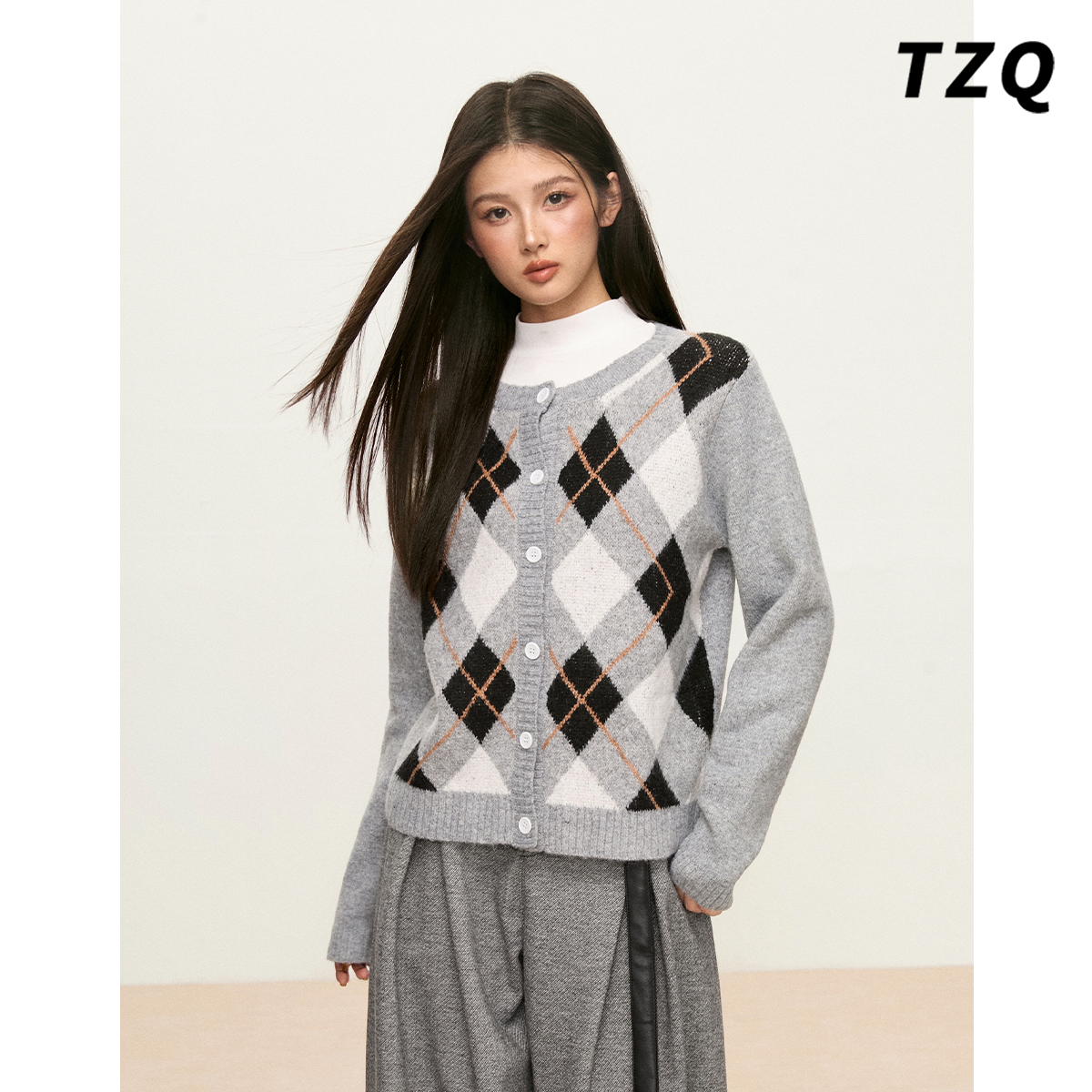 复古灰色菱格针织开衫女