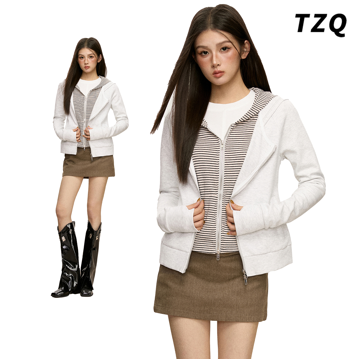 韩系假两件连帽灰色条纹开衫