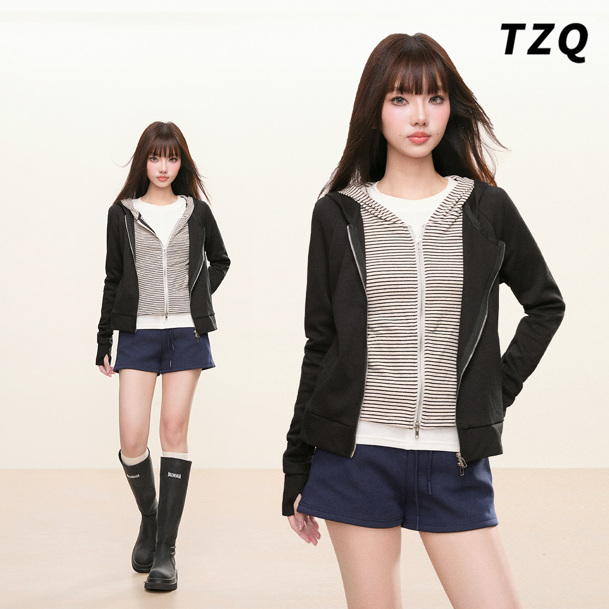 假两件条纹连帽拉链卫衣女显瘦