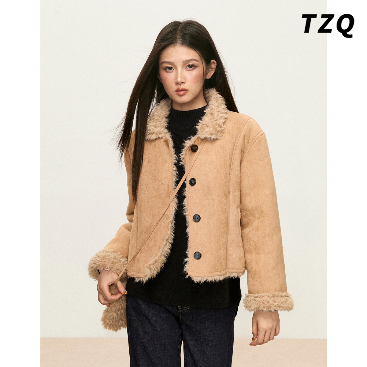 美拉德复古皮毛一体毛绒翻领外套