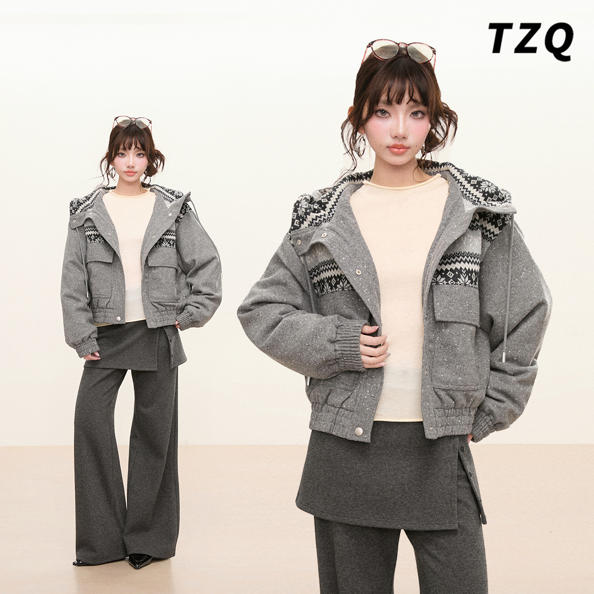 韩版费尔岛拼接连帽中长毛呢外套