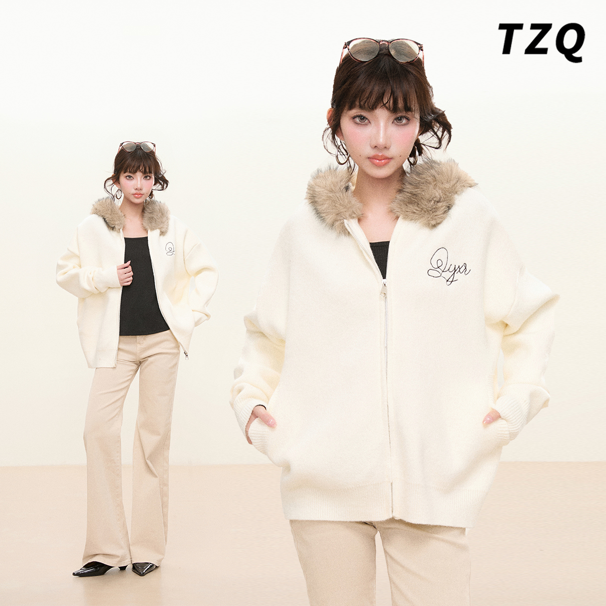 白色美式连帽毛领针织开衫女冬