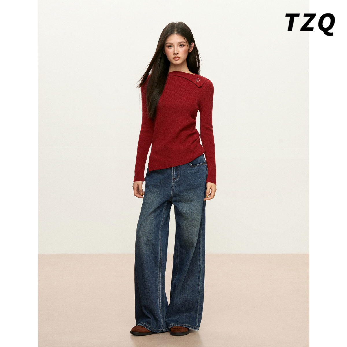 圆领红色针织衫女2025新款