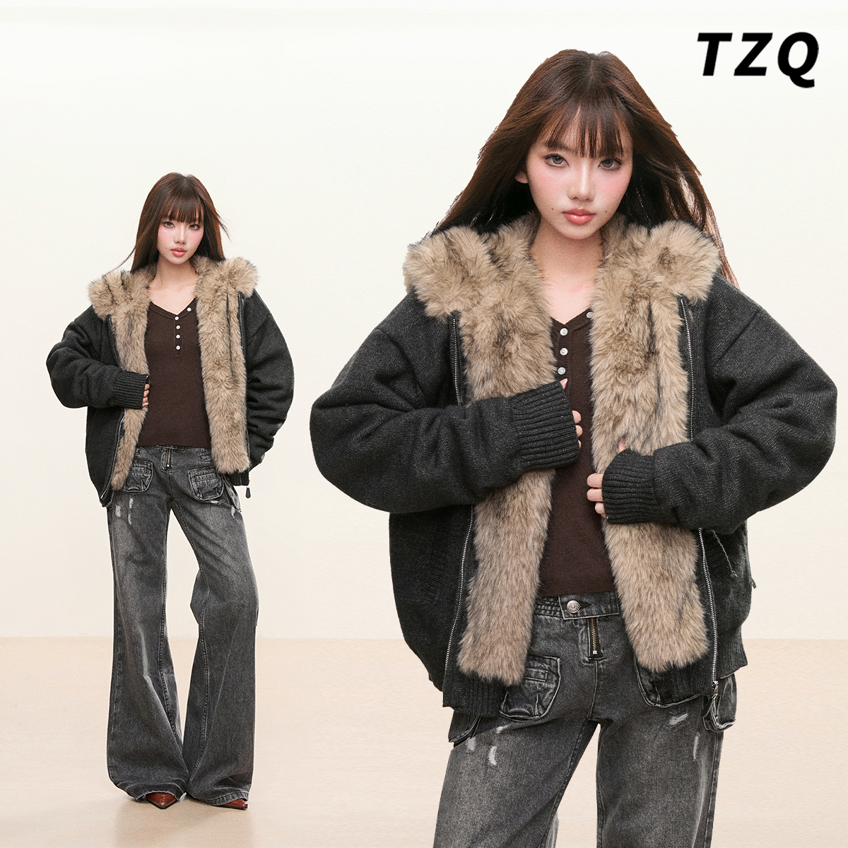 美式复古毛领短款加厚保暖女外套