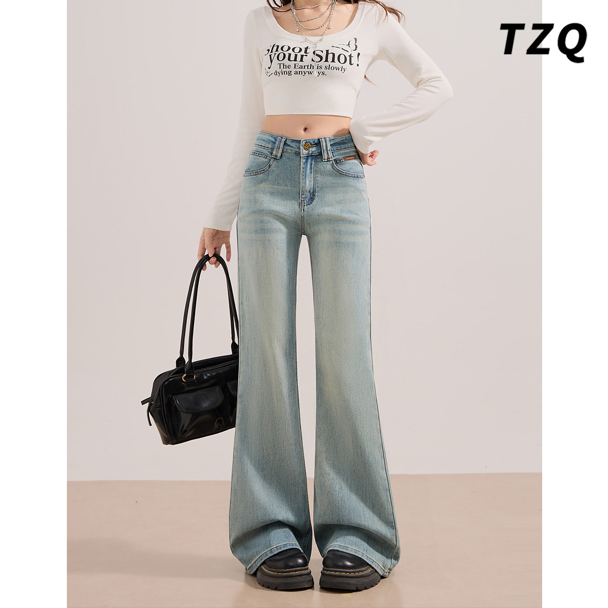 美式浅蓝色高腰微喇牛仔裤