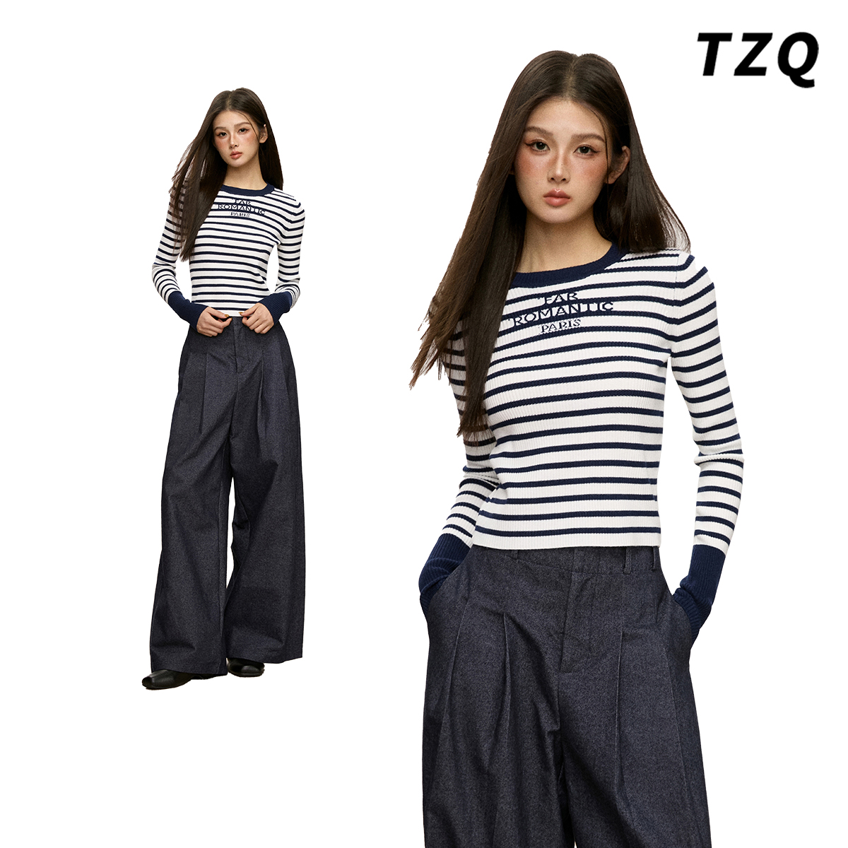 撞色条纹长袖针织衫女