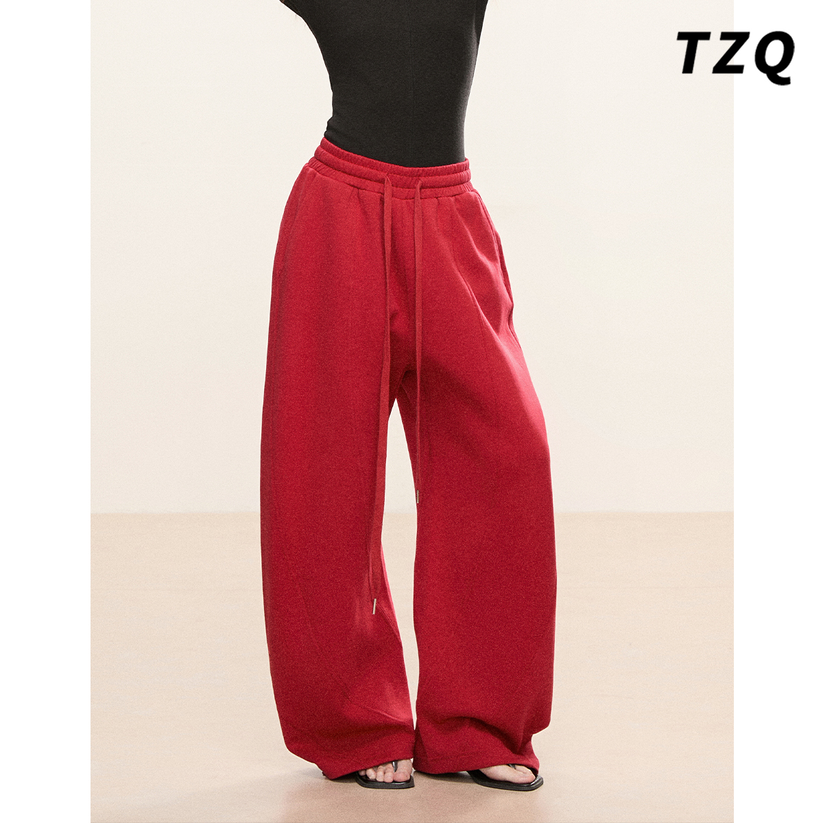 红色抽绳高腰慵懒弯刀休闲裤