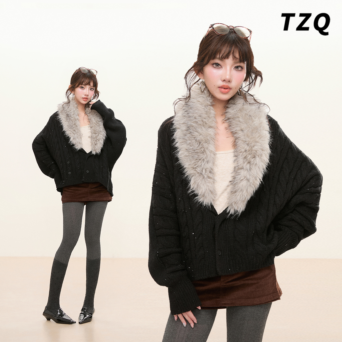 冬季贵女气质大毛领针织开衫