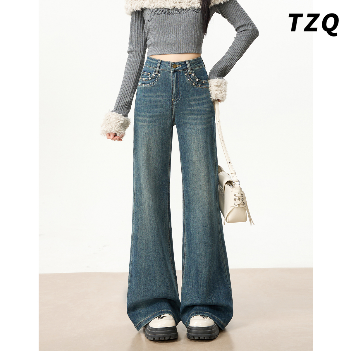 复古设计感高腰微喇牛仔裤女