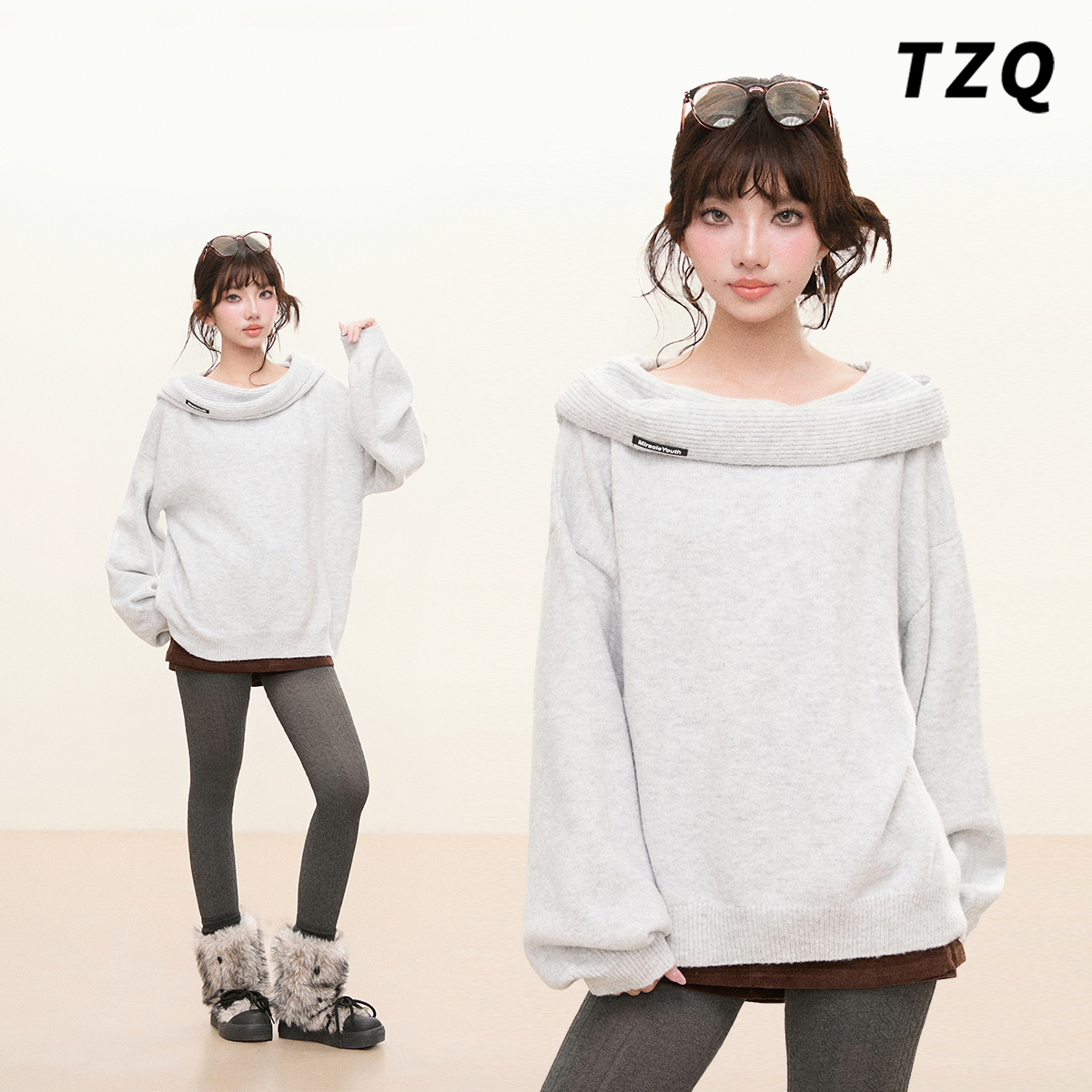 拉夏贝尔法式一字肩灰色毛衣女