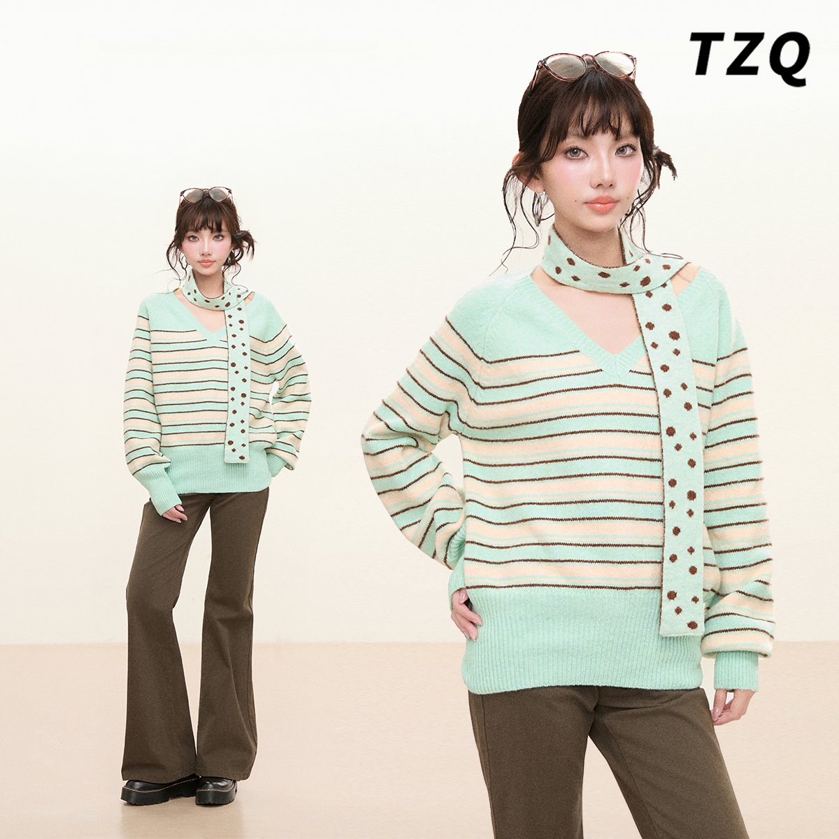 秋冬条纹撞色V领宽松保暖毛衣女