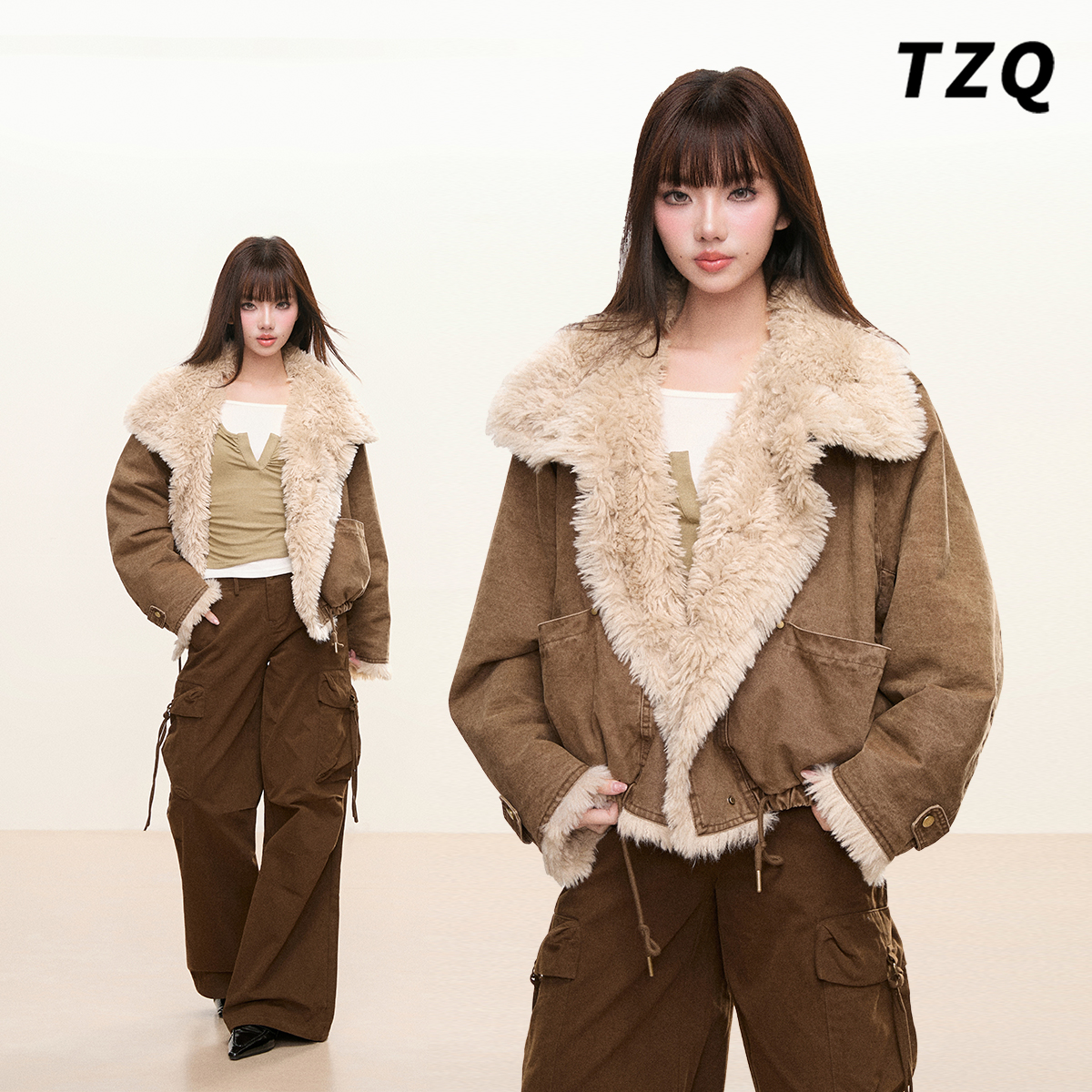 冬季咖色甜美羊羔毛短外套女保暖