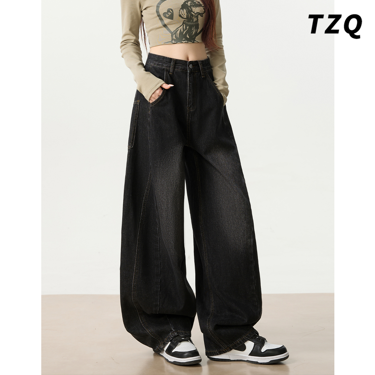 黑灰色弯刀牛仔裤女2025冬季新款