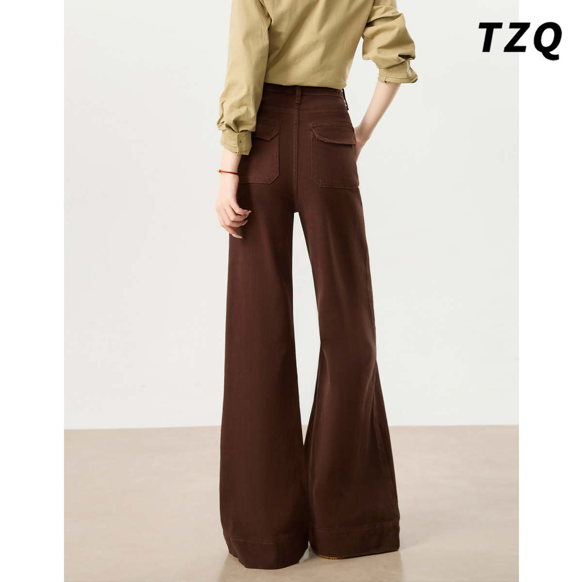 咖色美拉德加绒高腰微喇牛仔裤女