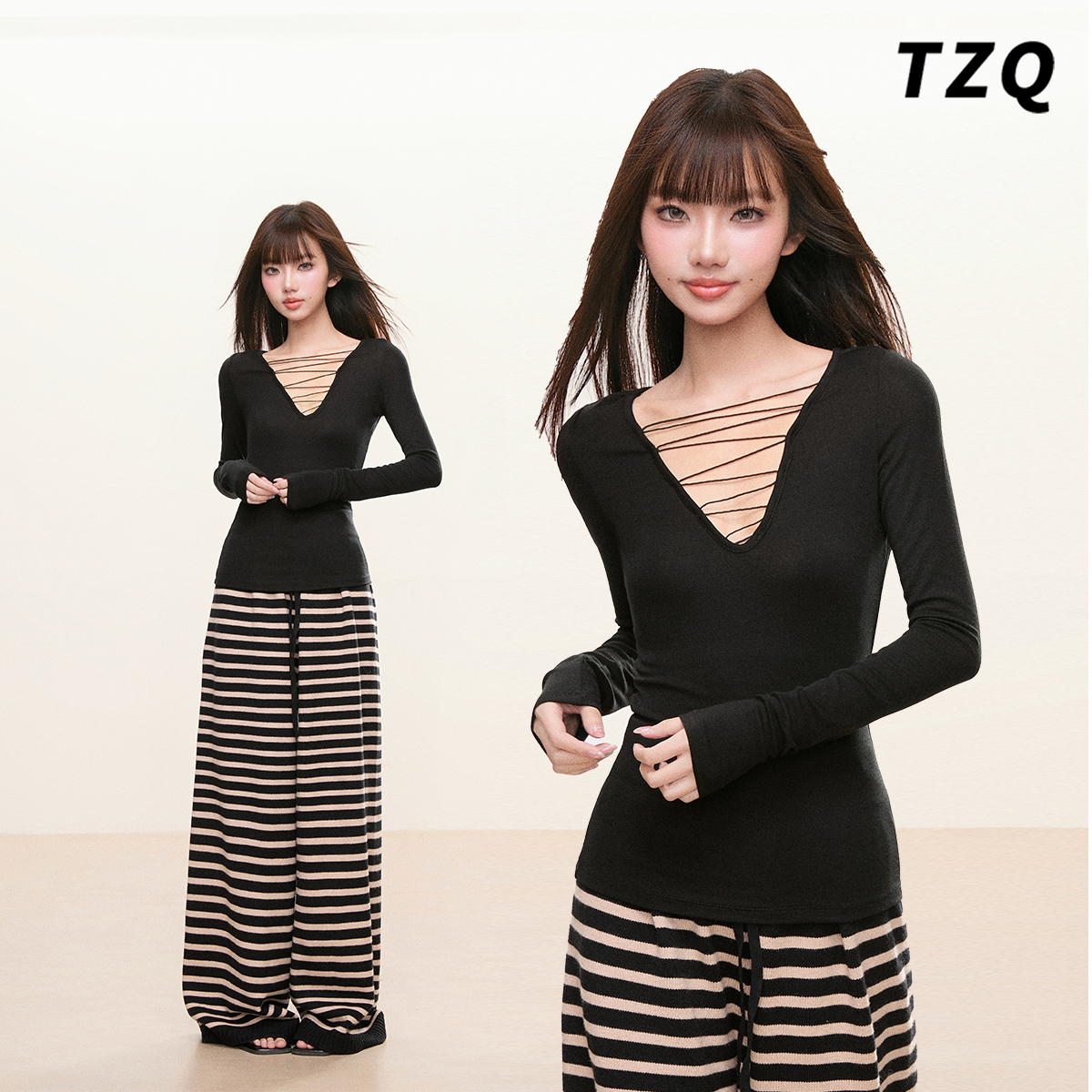 冬季V领镂空修身黑色针织衫女