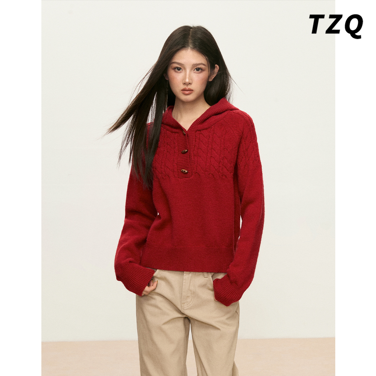 红色连帽针织长袖毛衣女