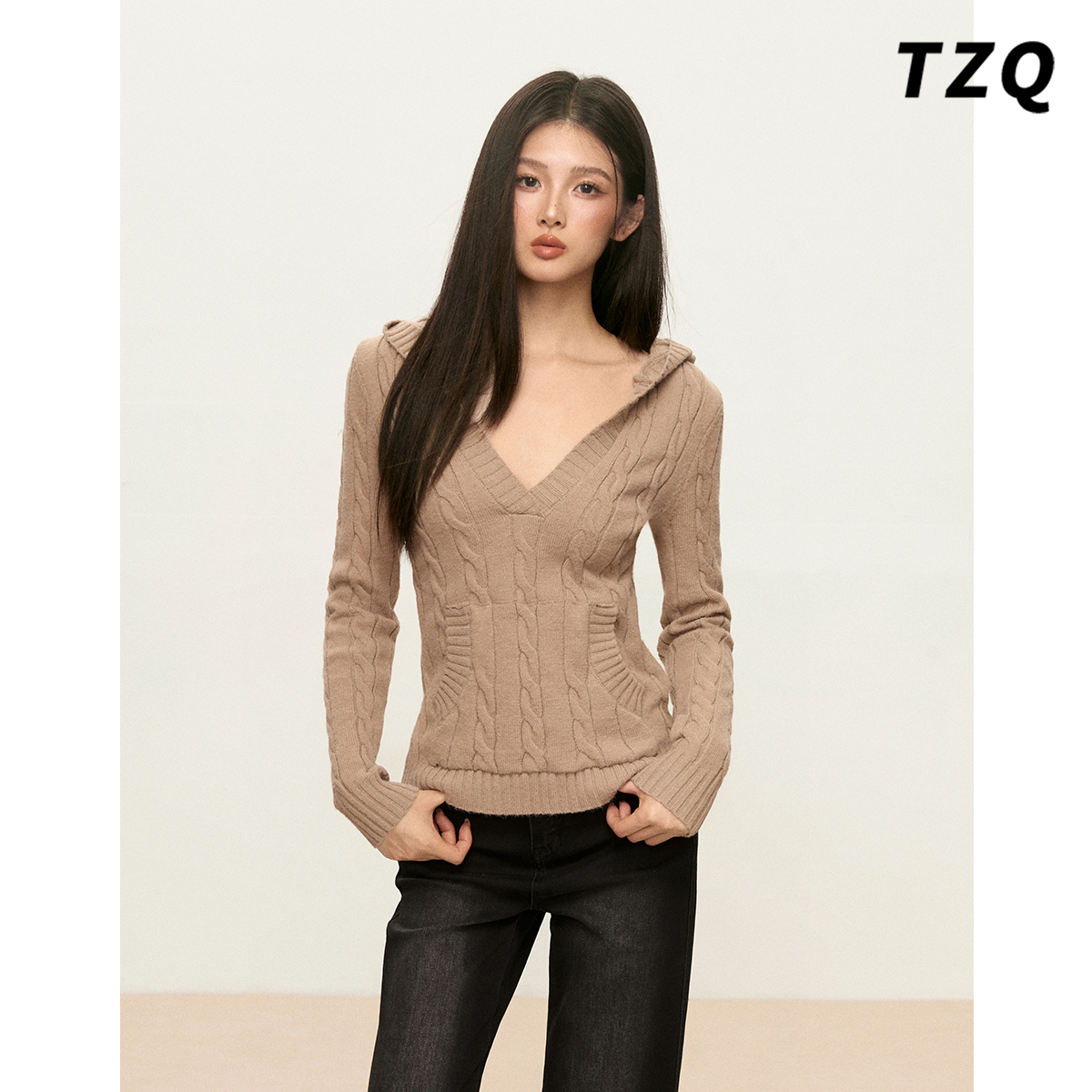 美式复古V领麻花针织衫女