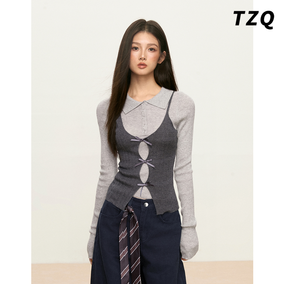 假两件撞色翻领针织衫女