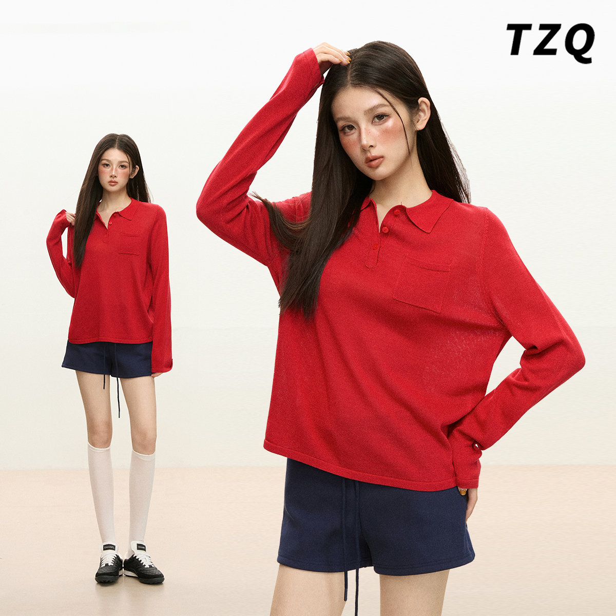 法式宽松休闲长袖T恤polo领上衣