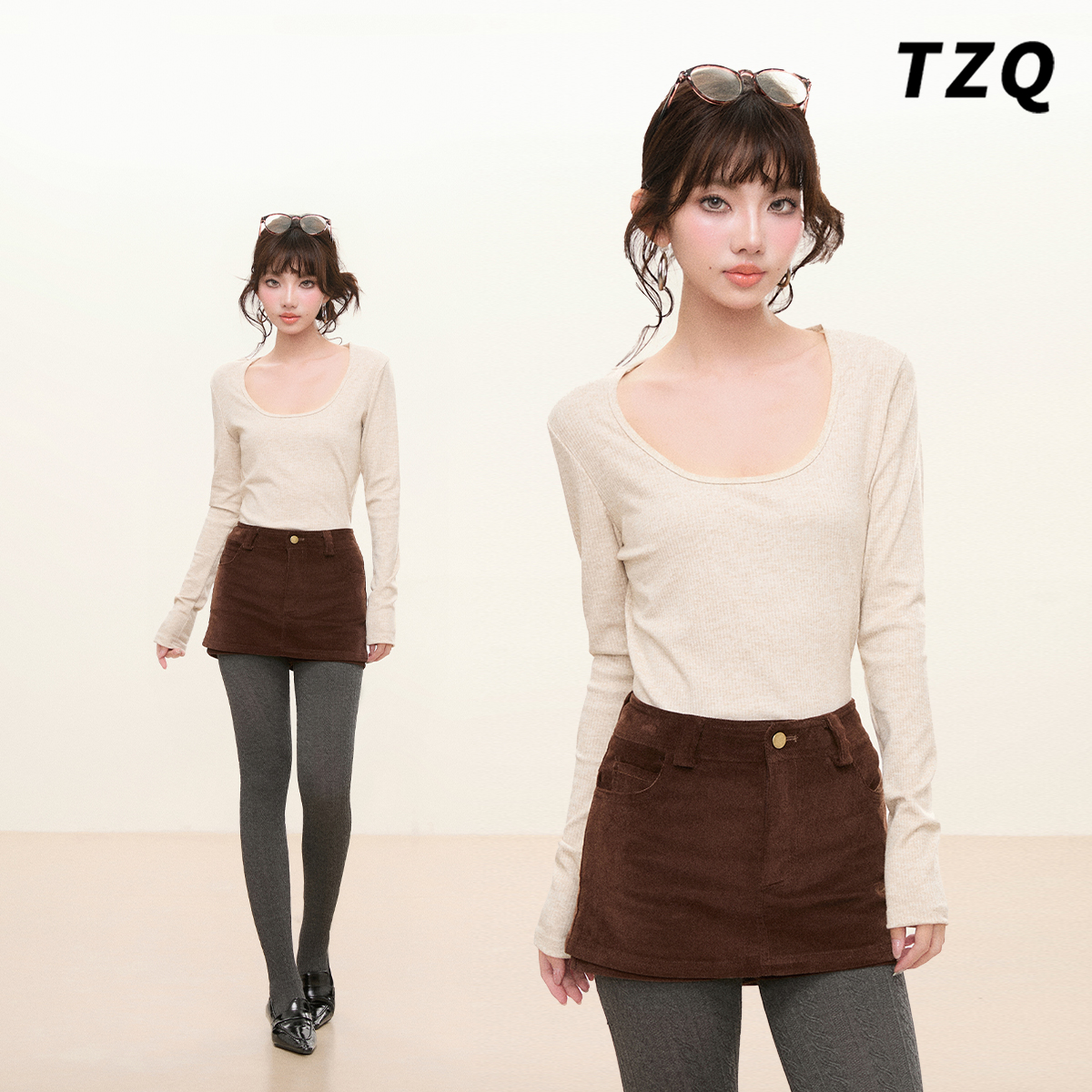 韩版长袖U领针织打底衫女软糯