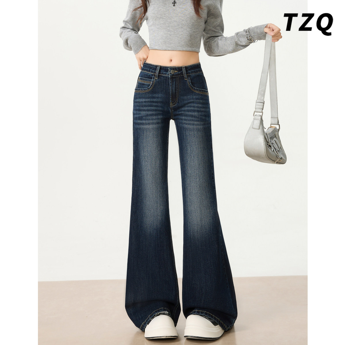 深蓝色微喇牛仔裤女2025秋季新款