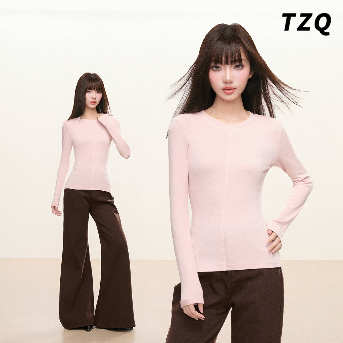 冬季粉色圆领修身显瘦打底针织衫