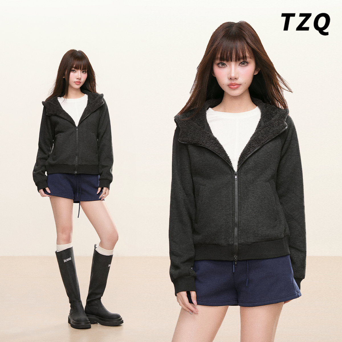 深灰连帽拉链修身卫衣女秋冬