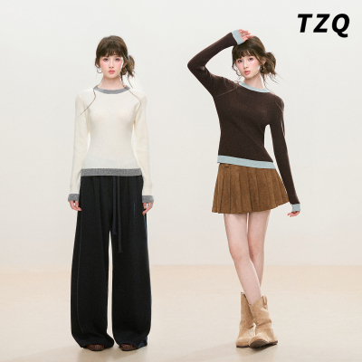 软糯撞色圆领长袖毛衣针织衫