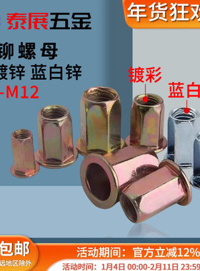 拉铆螺母铁镀彩蓝白锌全六角小沉头平头半六角拉冒螺母M3M4M5-M12